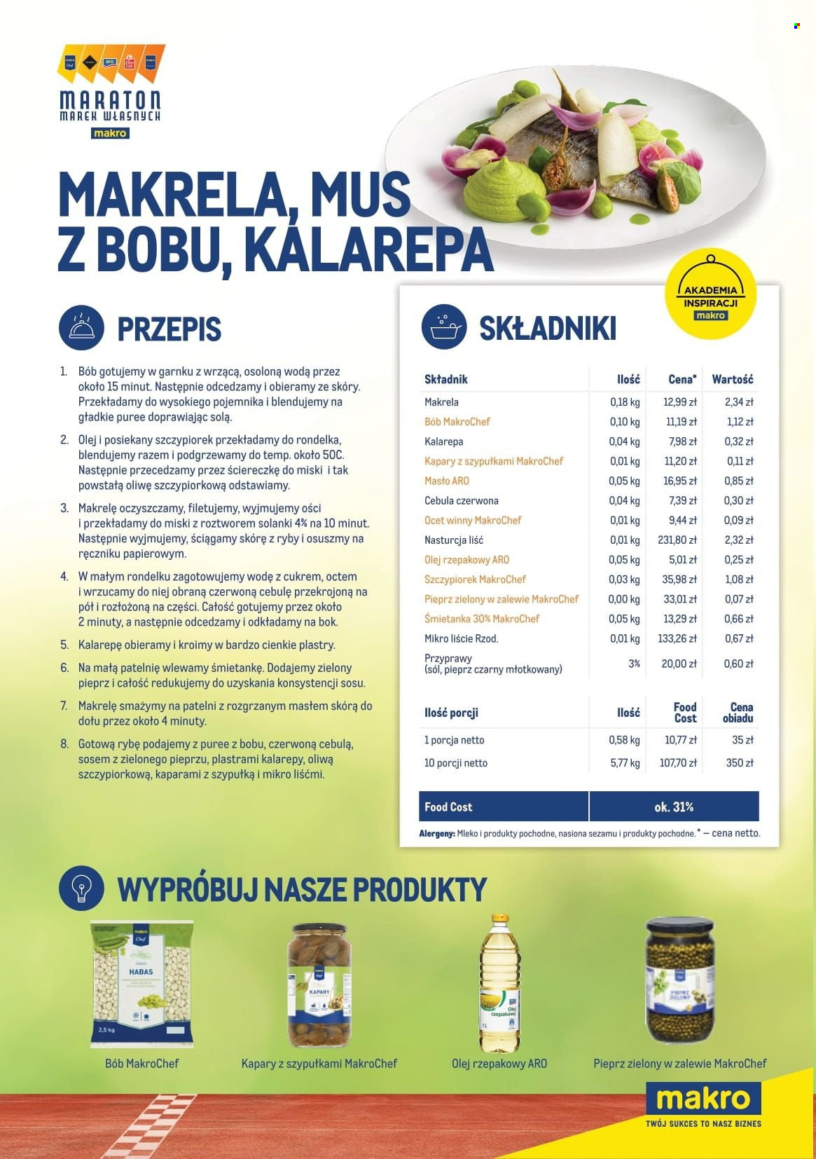 Gazetka Makro - Produkty w akcji - kalárepa, cebula czerwona, makrelą, kapary, bób, szczypiorek, olej rzepakowy, olej, ocet winny, woda, mus. Strona 22.