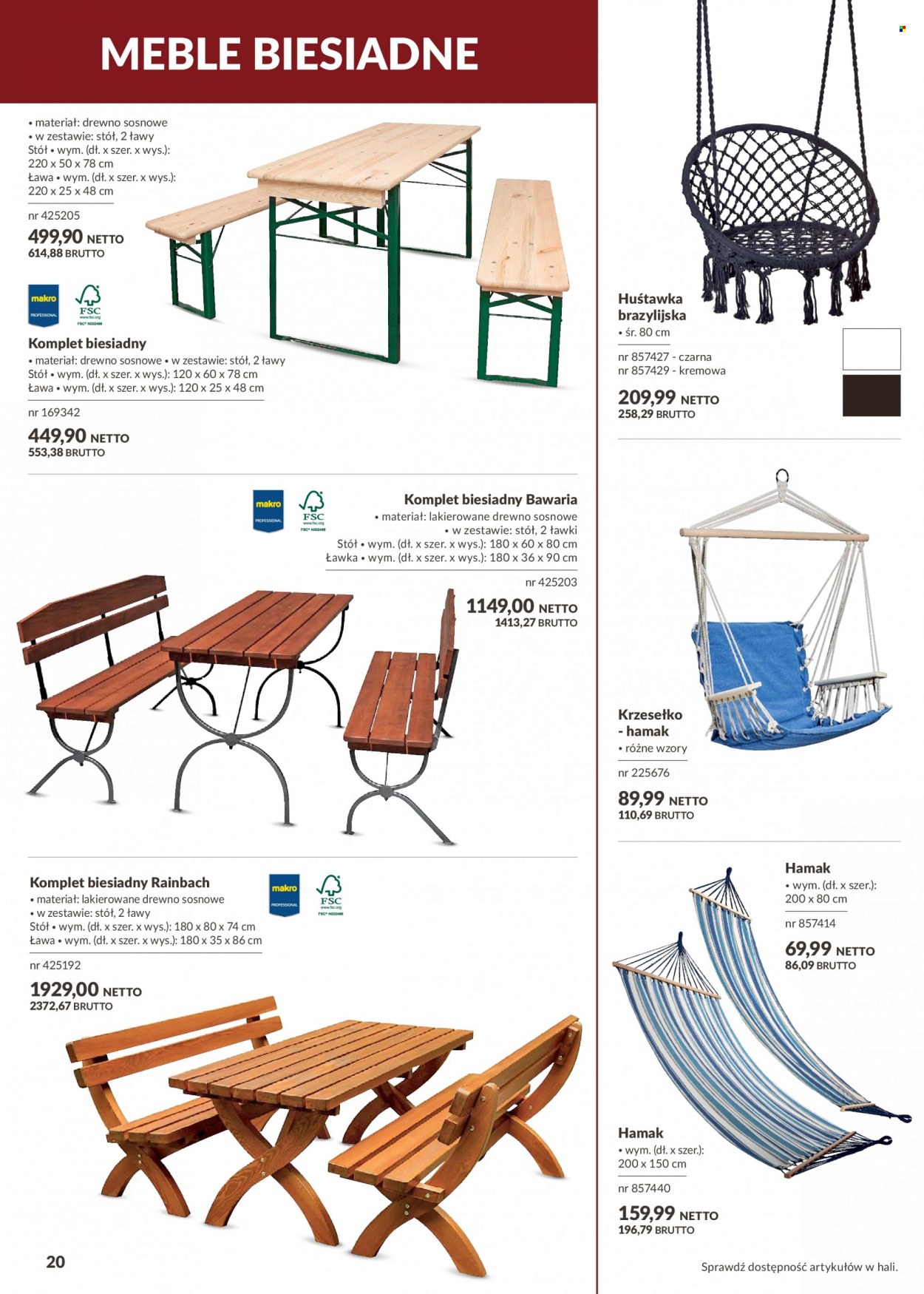 Gazetka Makro - Produkty w akcji - stół, krzesło, ława, komplet biesiadny, huśtawka, hamak. Strona 20.