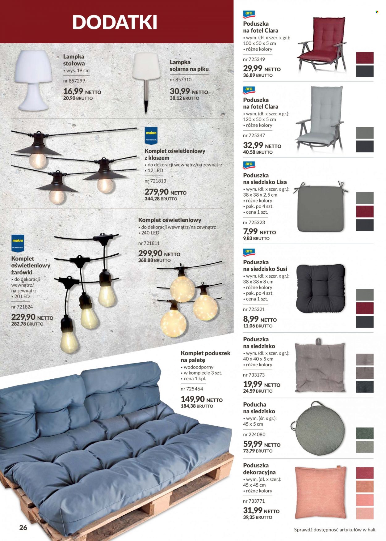Gazetka Makro - Produkty w akcji - poduszka na krzesło, poducha, poduszka dekoracyjna, lampa, lampa stołowa, światło solarne, komplet oświetleniowy. Strona 26.