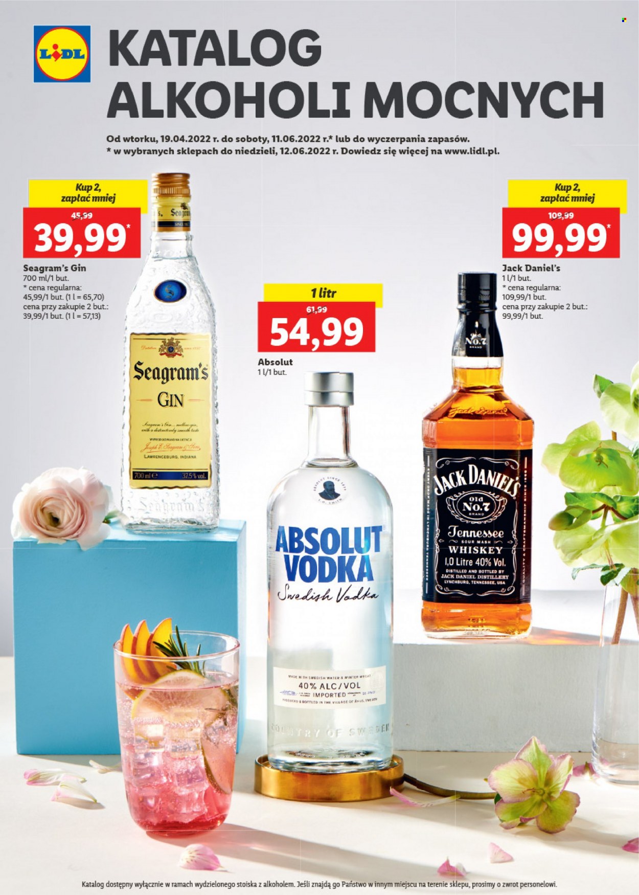 Gazetka Lidl - 19.04.2022 - 12.06.2022 - Produkty w akcji - alkohole, wódka, Jack Daniel's, Absolut, whisky, gin, Seagram’s. Strona 1.