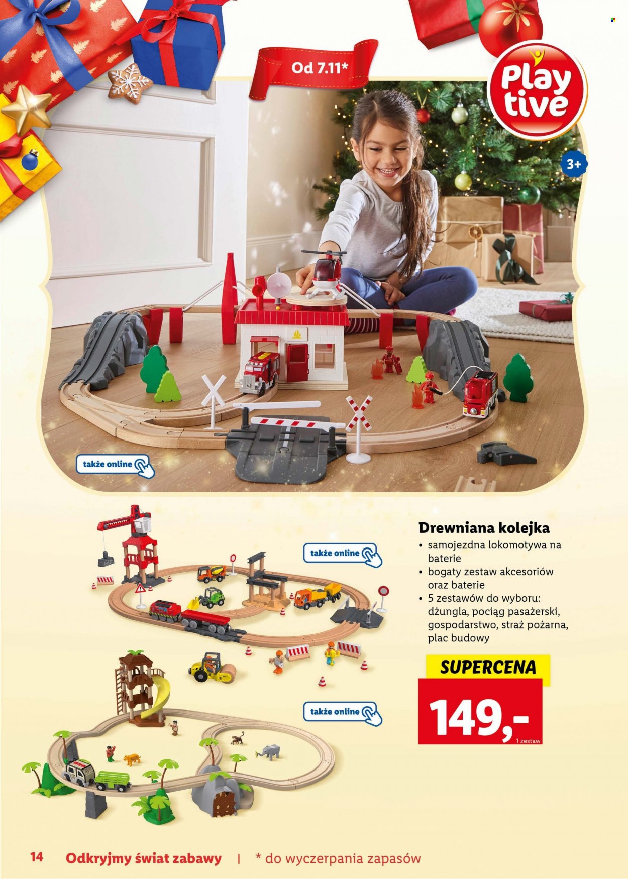 Gazetka Lidl - Produkty w akcji - pociąg pasażerski, pociąg, straż pożarna, drewniana kolejka, zabawki drewniane, kolejka, plac budowy. Strona 14.