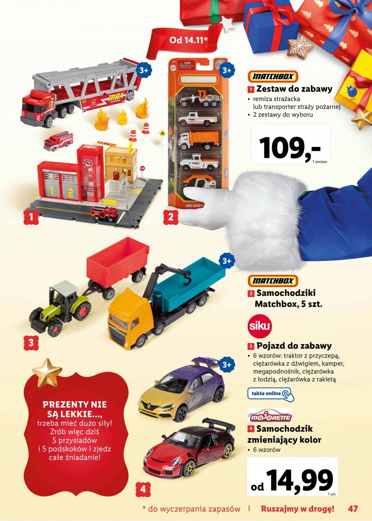 Gazetka Lidl - Produkty w akcji - torba transportowa, rakieta, samochód, straż pożarna, samochodziki, cieżarówka, traktor, Mattel. Strona 47.