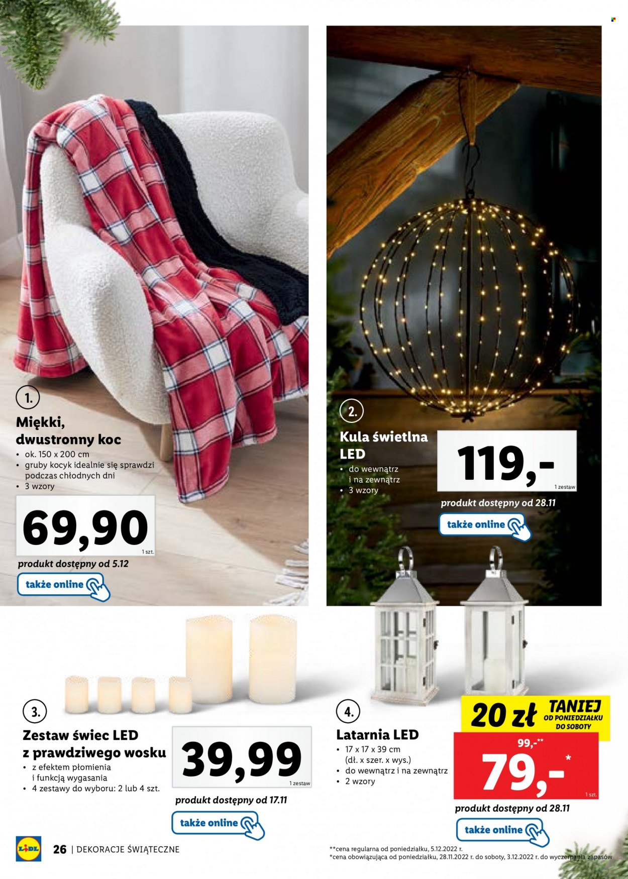 Gazetka Lidl - Produkty w akcji - koc, dekoracja LED, latarnia. Strona 26.