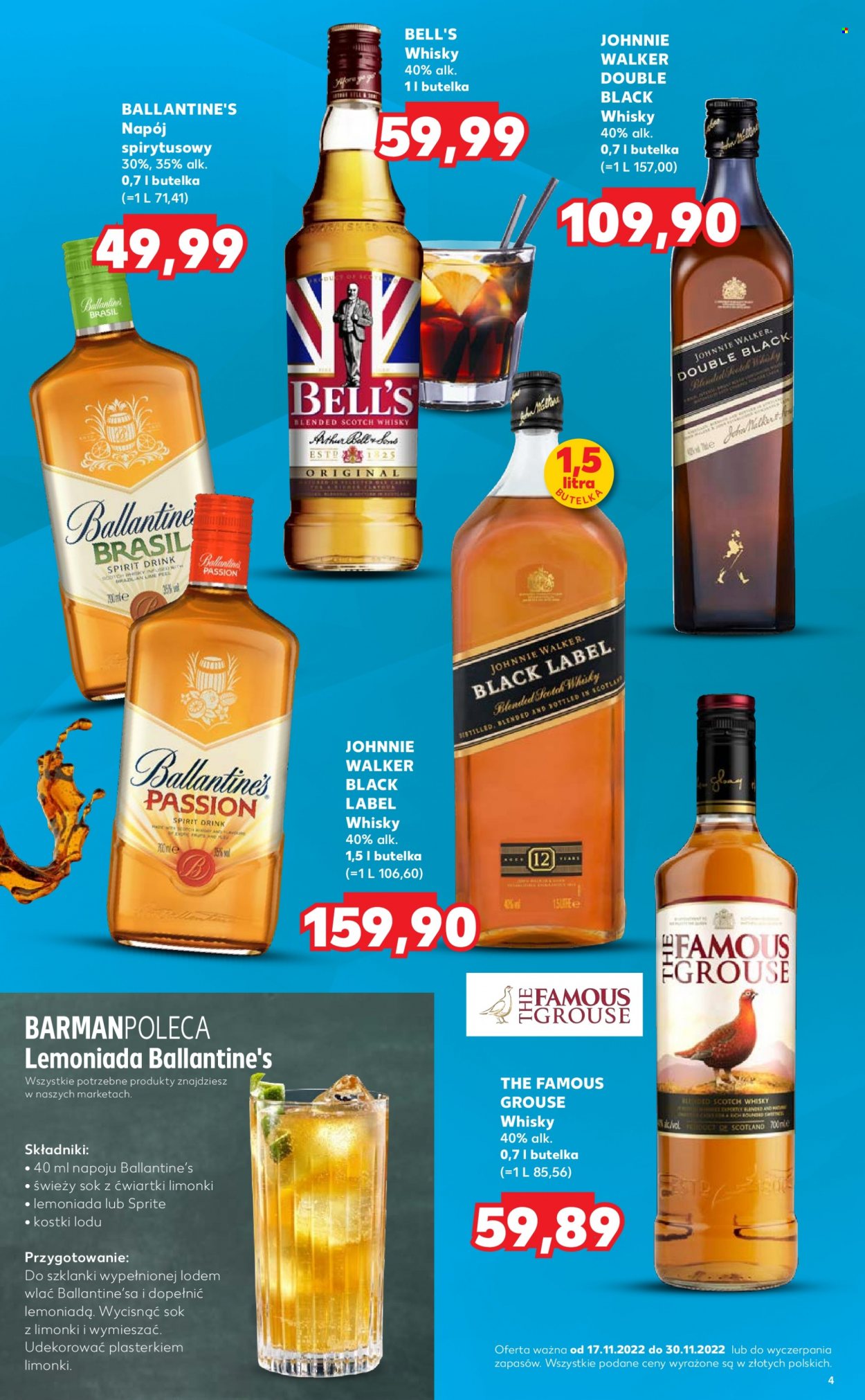 Gazetka Kaufland - 17.11.2022 - 30.11.2022 - Produkty w akcji - alkohole, Bell's, whisky, Johnnie Walker, The Famous Grouse, Ballantine's. Strona 4.