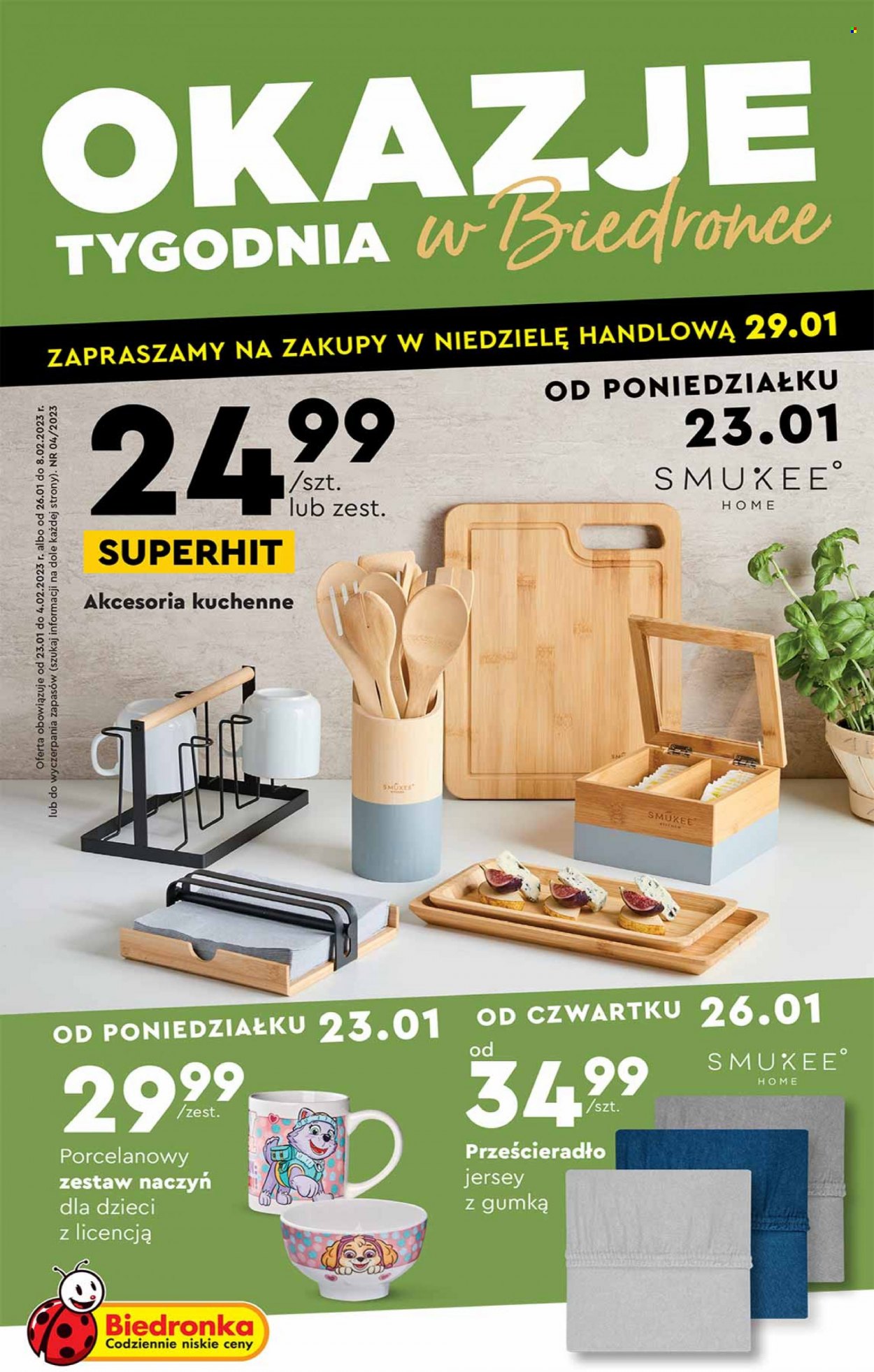 Gazetka Biedronka - 23.01.2023 - 8.02.2023 - Produkty w akcji - zestaw narzędzi kuchennych, komplet naczyń, prześcieradło. Strona 1.