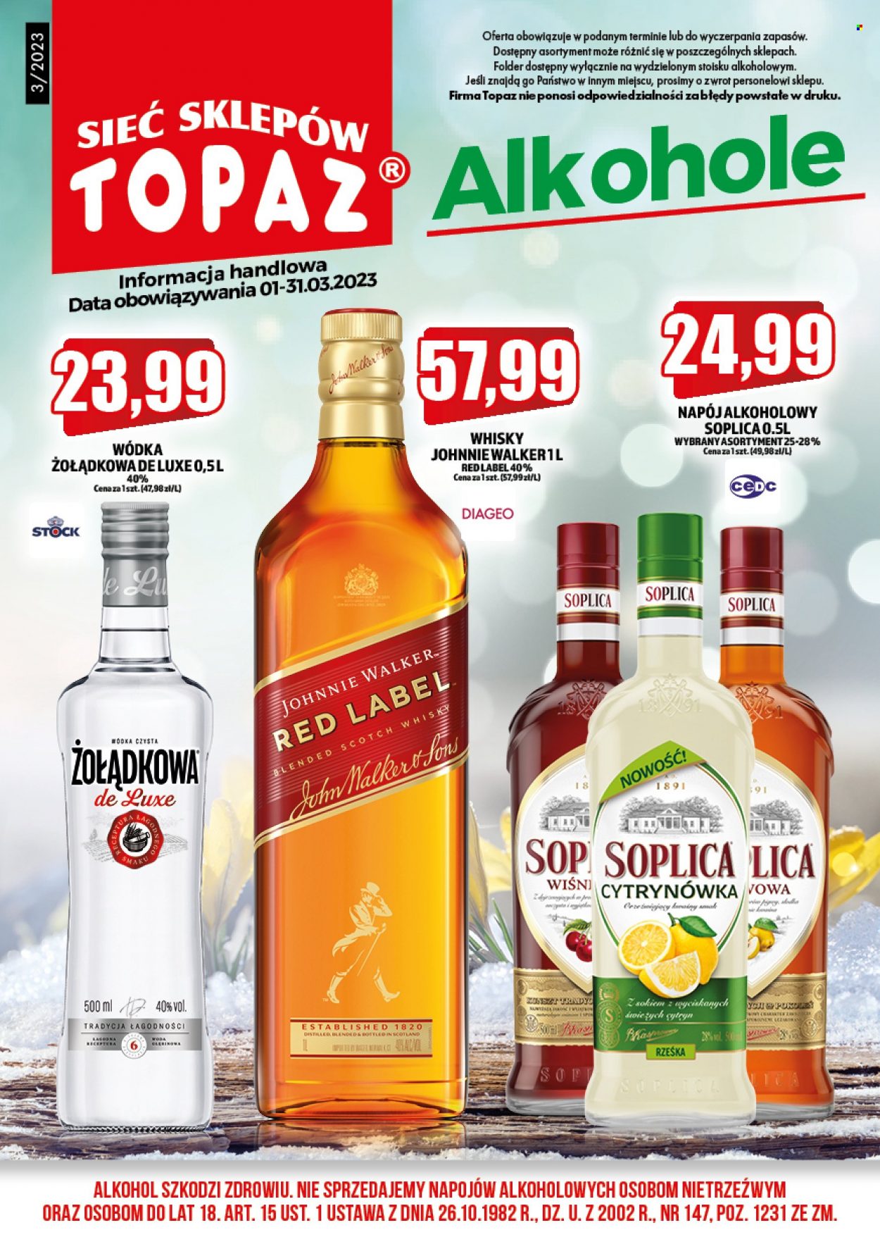 Gazetka Topaz - 1.03.2023 - 31.03.2023 - Produkty w akcji - alkohole, Stock, Soplica, Johnnie Walker, Żołądkowa, Red Label. Strona 1.