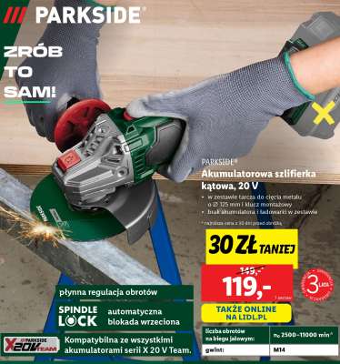 Parkside Akumulatorowa szlifierka kątowa 20 V