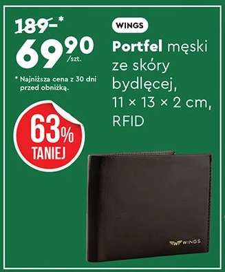 Portfel męski ze skóry bydlęcej, 11 × 13 × 2 cm, RFID