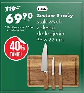 Zestaw 3 noży stalowych z deską do krojenia 35 x 22 cm
