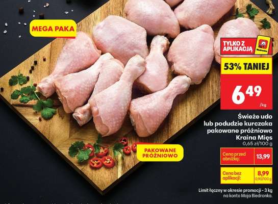 Świeże udo lub podudzie kurczaka pakowane próżniowo Kraina Mięs