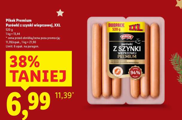 Pikok Premium Parówki z szynki wieprzowej, XXL