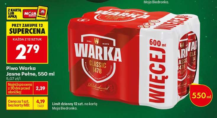 Piwo Warka Jasne Pełne, 550 ml