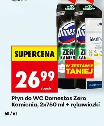 Płyn do WC Domestos Zero Kamienia, 2x750 ml + rękawiczki
