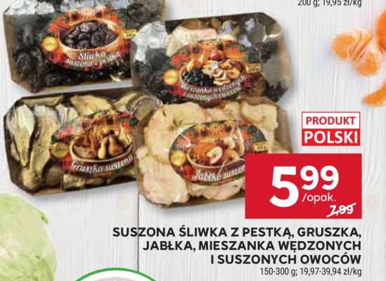 Suszona śliwka z pestką, gruszka, jabłka, mieszanka wędzonych i suszonych owoców