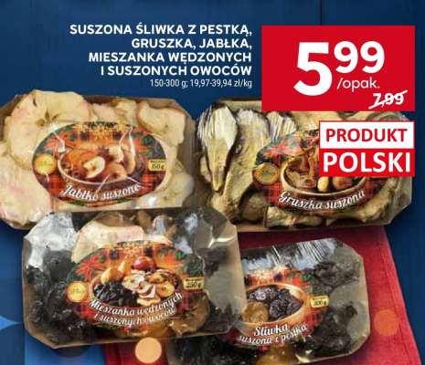 Suszona śliwka z pestką, gruszka, jabłka, mieszanka wędzonych i suszonych owoców