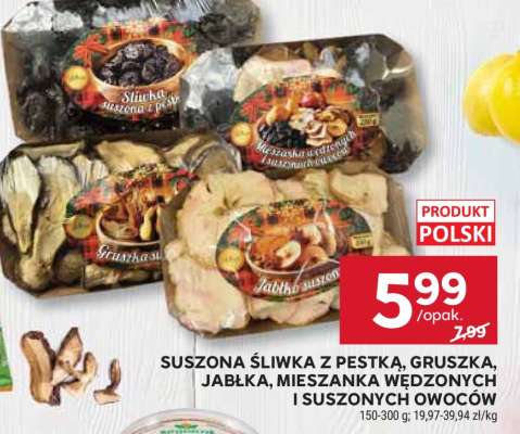 Suszona śliwka z pestką, gruszka, jabłka, mieszanka wędzonych i suszonych owoców