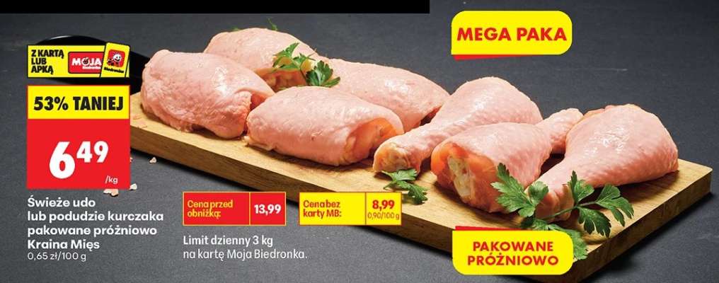 Świeże udo lub podudzie kurczaka pakowane próżniowo Kraina Mięs