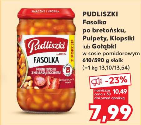 PUDLISZKI Fasolka po bretońsku, Pulpety, Klopsiki lub Gołąbki w sosie pomidorowym 610/590 g słoik