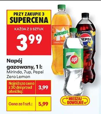 Napój gazowany, 1 l: Mirinda, 7up, Pepsi Zero Lemon
