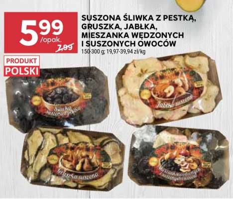Suszona śliwka z pestką, gruszka, jabłka, mieszanka wędzonych i suszonych owoców