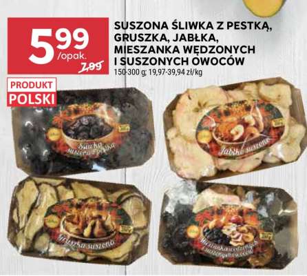 Suszona śliwka z pestką, gruszka, jabłka, mieszanka wędzonych i suszonych owoców