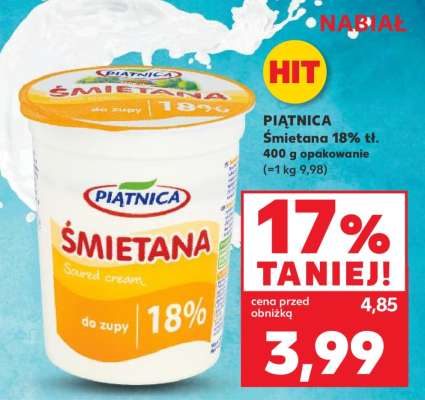 PIĄTNICA Śmietana 18% tł. 400 g opakowanie