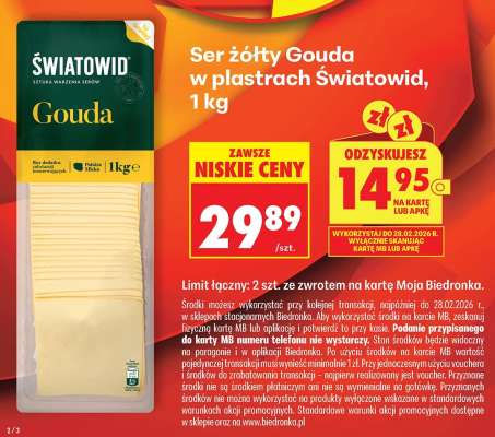 Ser żółty Gouda w plastrach światowid , 1 kg
