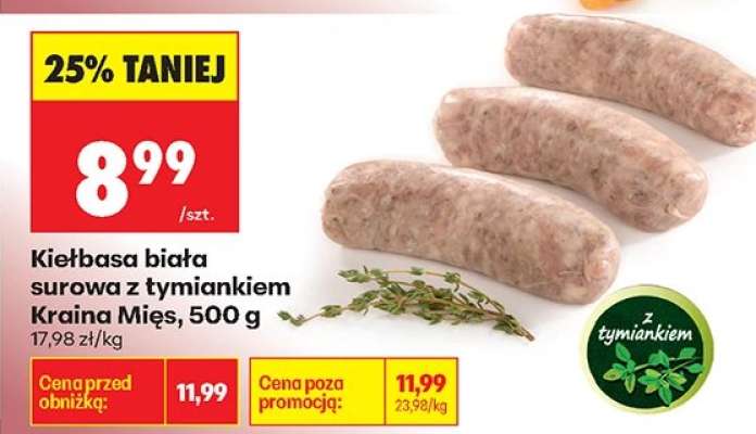 Kiełbasa biała surowa z tymiankiem Kraina Mięs, 500 g
