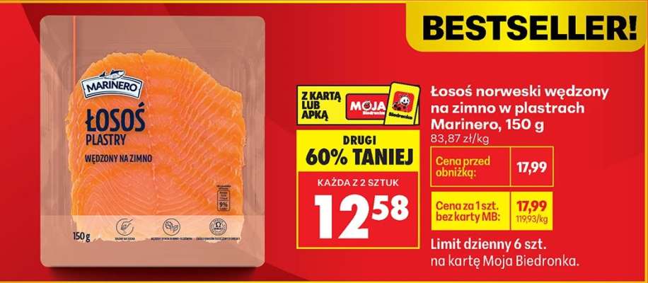 Łosoś norweski wędzony na zimno w plastrach Marinero, 150 g