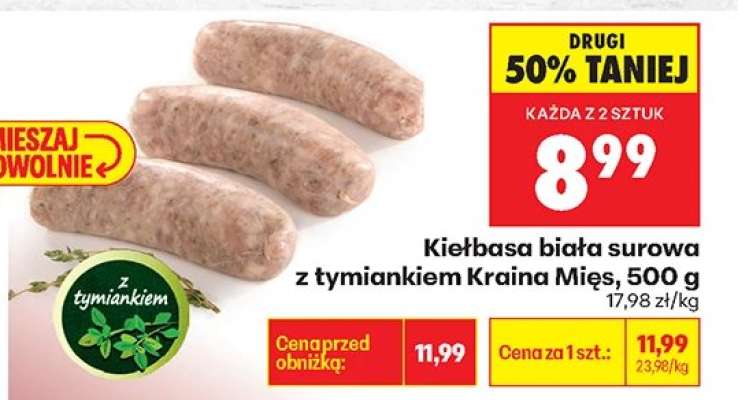 Kiełbasa biała surowa z tymiankiem Kraina Mięs, 500 g