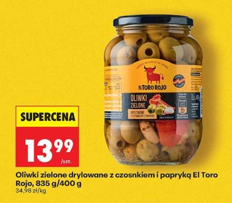 Oliwki zielone drylowane z czosnkiem i papryką El Toro Rojo, 835 g/400 g