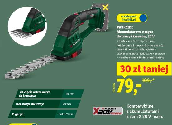 PARKSIDE Akumulatorowe nożyce do trawy i krzewów, 20 V