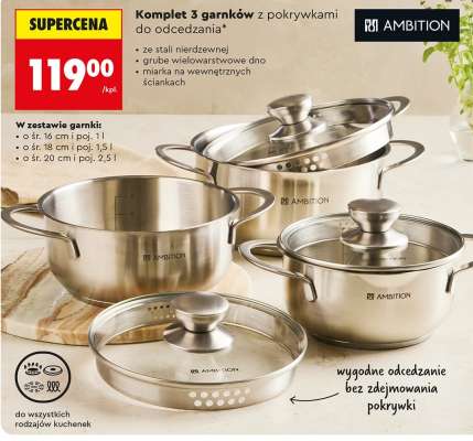 Komplet 3 garnków z pokrywkami do odcedzania