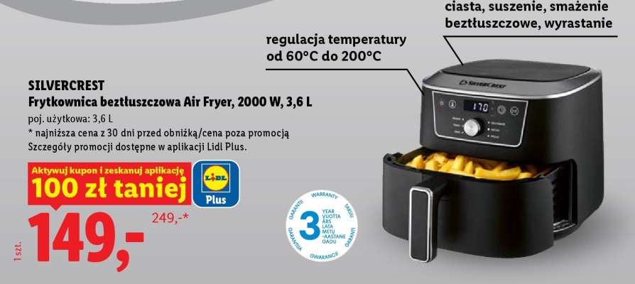 SILVERCREST Frytkownica beztłuszczowa Air Fryer, 2000 W, 3,6 L