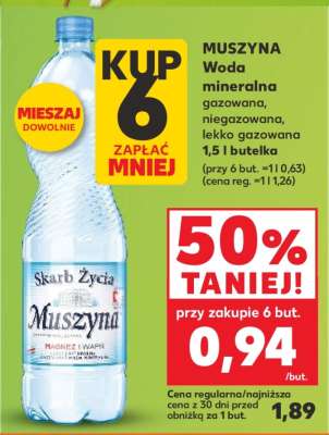 MUSZYNA Woda mineralna gazowana, niegazowana, lekko gazowana 1,5 l butelka
