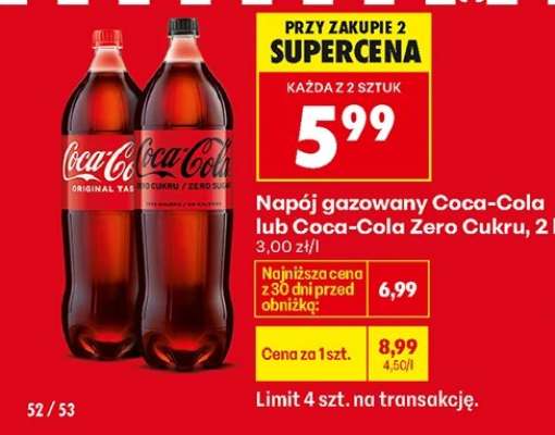 Napój gazowany Coca-Cola lub Coca-Cola Zero Cukru, 2 l