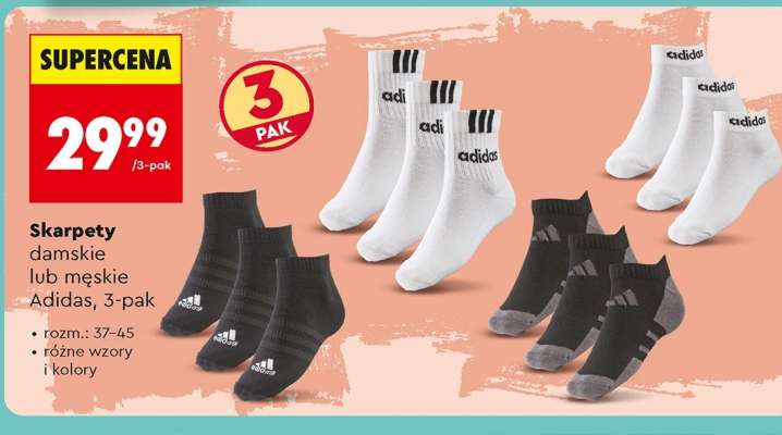 Skarpety damskie lub męskie Adidas, 3-pak