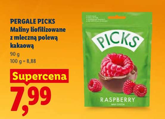 PERGALE PICKS Maliny liofilizowane z mleczną polewą kakaową