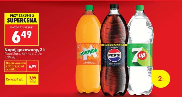 Napój gazowany, 2 l: Pepsi Zero, Mirinda, 7 Up