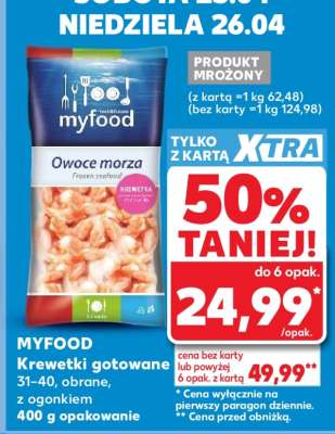 MYFOOD Krewetki gotowane 31-40, obrane, z ogonkiem 400 g opakowanie