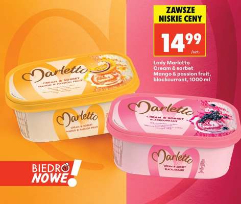 Lody Marletto Cream & sorbet Mango & passion fruit, blackcurrant, 1000 ml