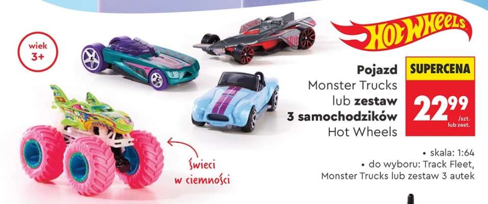 Pojazd Monster Trucks lub zestaw 3 samochodzików Hot Wheels