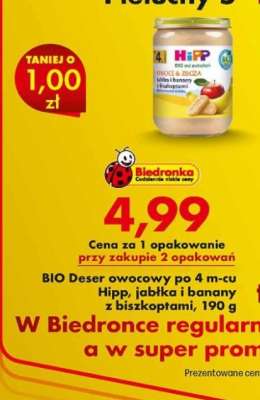 BIO Deser owocowy po 4 m-cu Hipp, jabłka i banany z biszkoptami, 190 g