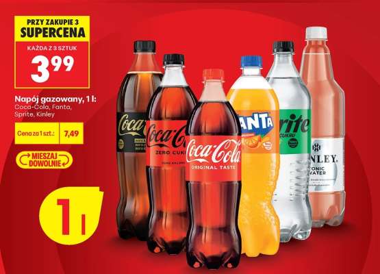 Napój gazowany, 1 l: Coca-Cola, Fanta, Sprite, Kinley