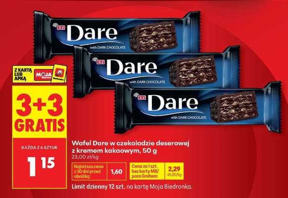 Wafel Dare w czekoladzie deserowej z kremem kakaowym, 50 g