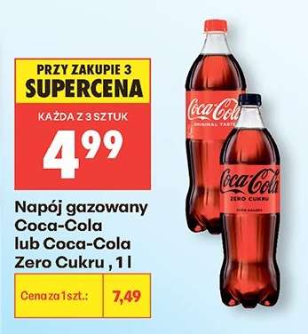 Napój gazowany Coca-Cola lub Coca-Cola Zero Cukru, 1 l