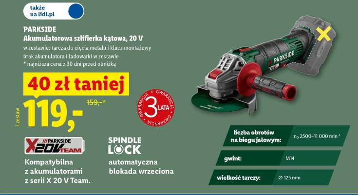 Parkside Akumulatorowa szlifierka kątowa 20 V