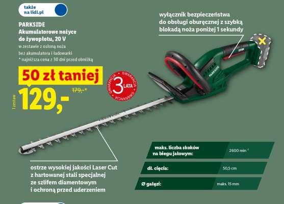 PARKSIDE Akumulatorowe nożyce do żywopłotu, 20 V