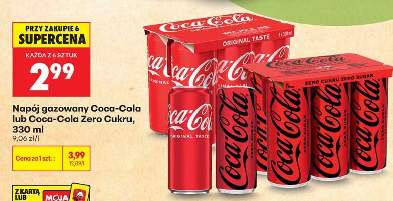 Napój gazowany Coca-Cola lub Coca-Cola Zero Cukru, 330 ml