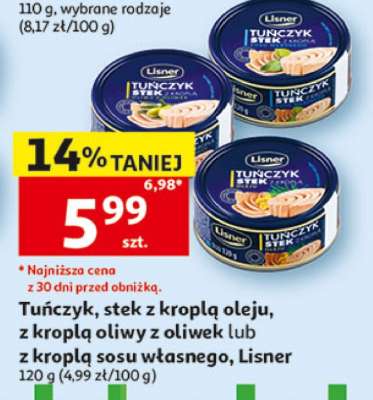 Tuńczyk, stek z kroplą oleju, z kroplą oliwy z oliwek lub z kroplą sosu własnego, Lisner